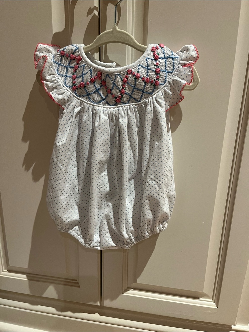Smocked Flamingo NWT Smocked White Baby Bubble Romper with Pink Accent newborn